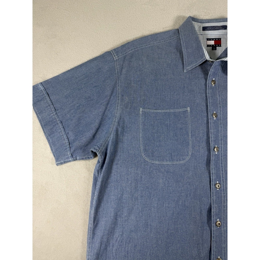 Vintage Tommy Jeans Denim Button Up Shirt Men's Large Short Sleeve Embroidered L - Picture 4 of 16